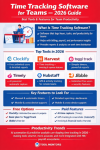 Infographic titled “Time Tracking Software for Teams – 2026 Guide” featuring tools like Clockify, Harvest, Toggl Track, Timely, Hubstaff, and Jibble, highlighting key features, free vs paid options, and AI productivity trends in red and blue design with white text.